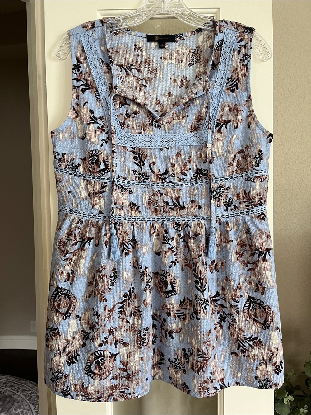Frye Tank Top, Medium, Blue, Brown, Floral, Crochet Detail, Tassels, Tunic Style
